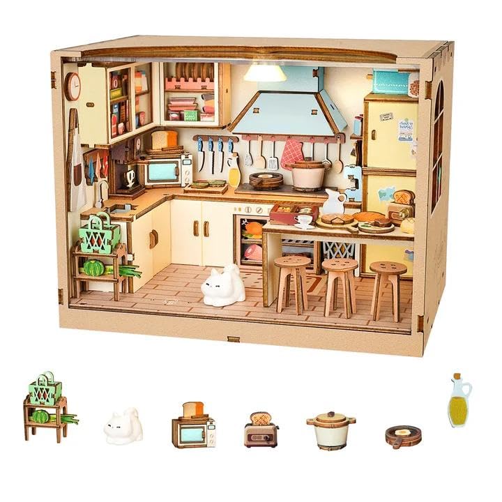 DIY Dollhouse Miniature House Kit 1:20 Scale Kictchen with LED Light, Tiny House Building Kit 3D Wooden Puzzle Crafts for Adults Home Decor Gift