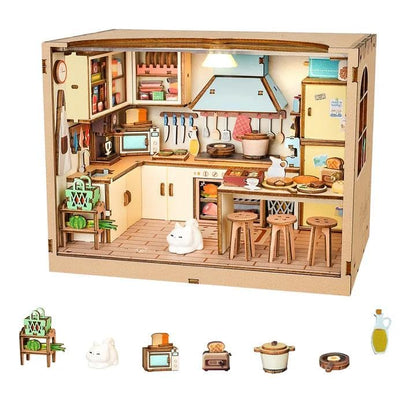 DIY Dollhouse Miniature House Kit 1:20 Scale Kictchen with LED Light, Tiny House Building Kit 3D Wooden Puzzle Crafts for Adults Home Decor Gift