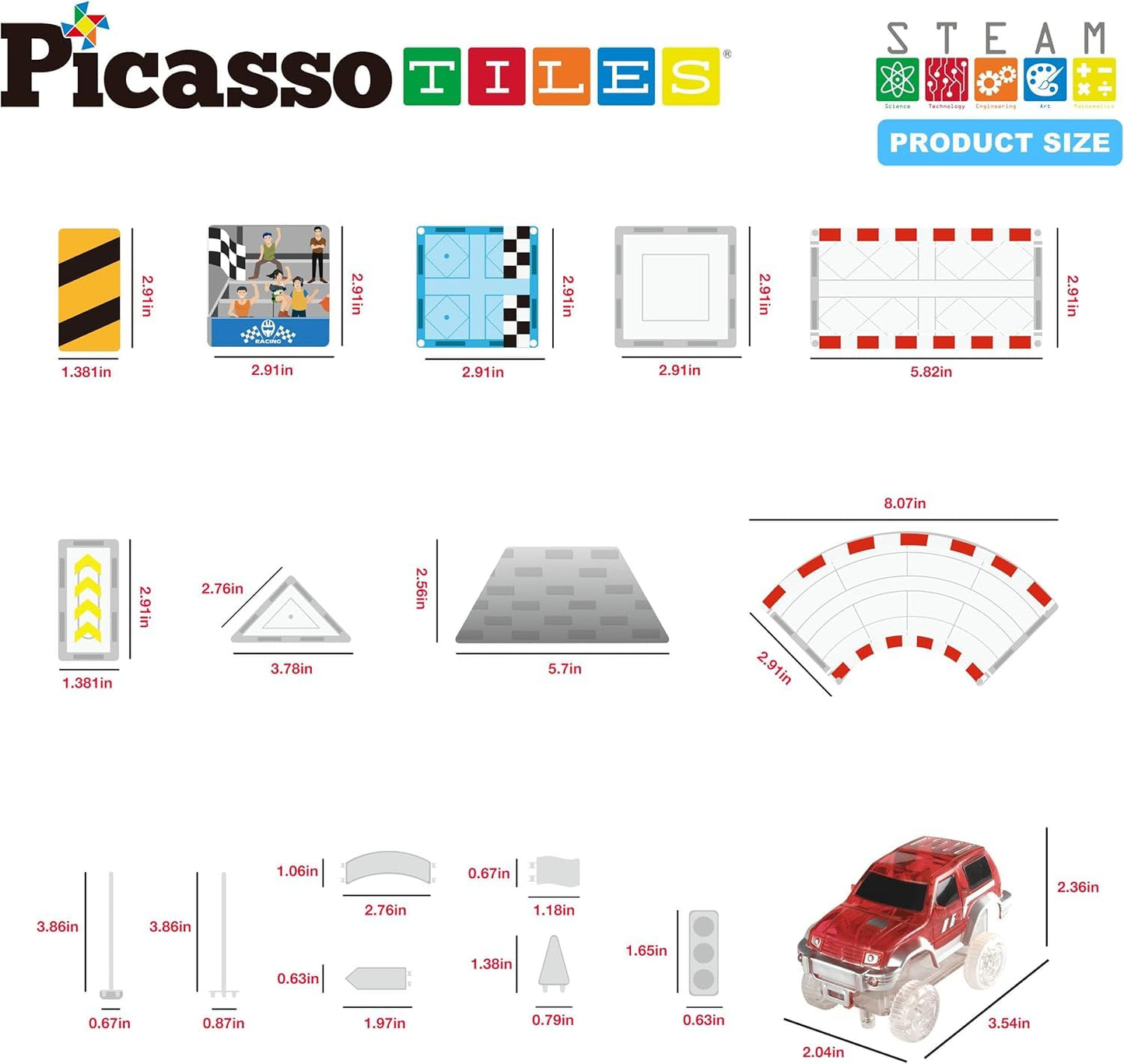 PicassoTiles Magnetic Tile Race Car Track Building Set with 2 Trucks Street Signs Stadium Accessories Construction Toy for Kids Age 3 Plus STEAM