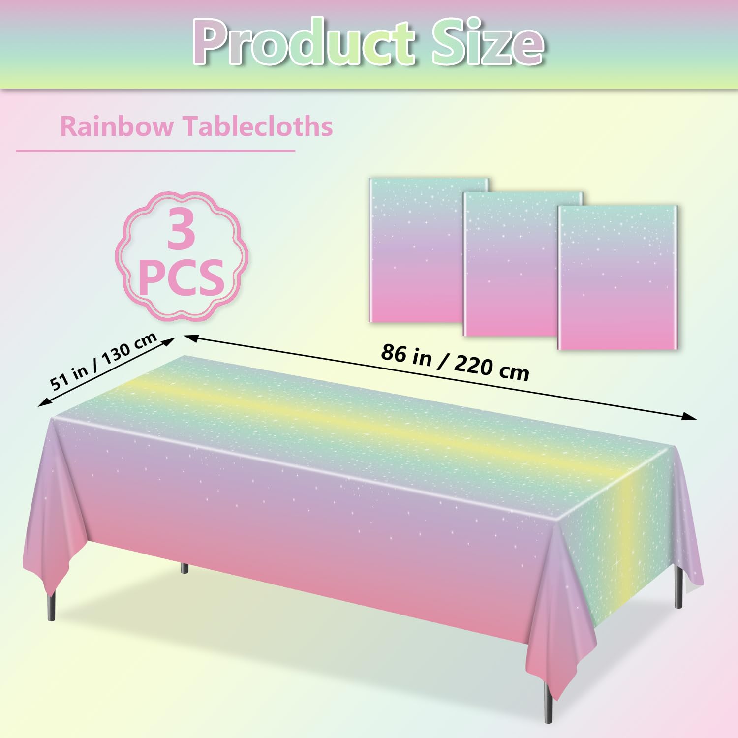 BASHLY 3-Pack Rainbow Tablecloths - 86"x51" Plastic Pastel Table Cloths Rainbow Party Decorations for Girl Birthday, Princess Party, Baby Showers