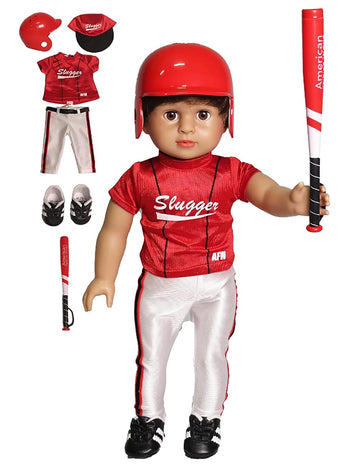 American Fashion World Red Baseball Uniform for 18-Inch Dolls | Accessories Included | Premium Quality & Trendy Design