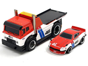 Muscle Machines Flatbed Truck #46 Red and White with Blue Stripes and 1972 240Z #46 Red and White with Blue Stripes Muscle Transports Series 1/64