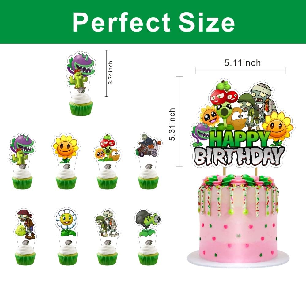 25Pcs Plants and Zombies Cake Decorations with 24pcs Cupcake Toppers, 1pcs Cake Topper for Kids Birthday Party Supplies
