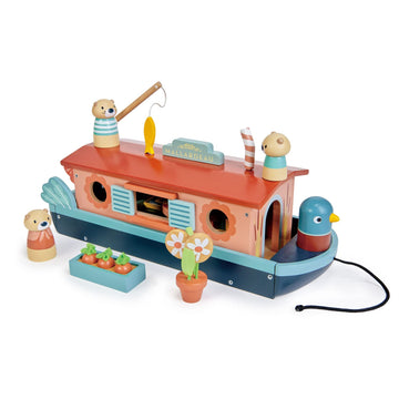 Tender Leaf Toys - Little Otter Canal Boat - 23 Pcs Furnished Wooden Boat Toy with Removeable Roof and Animal Figures - Gender-Neutral Open-Ended Play