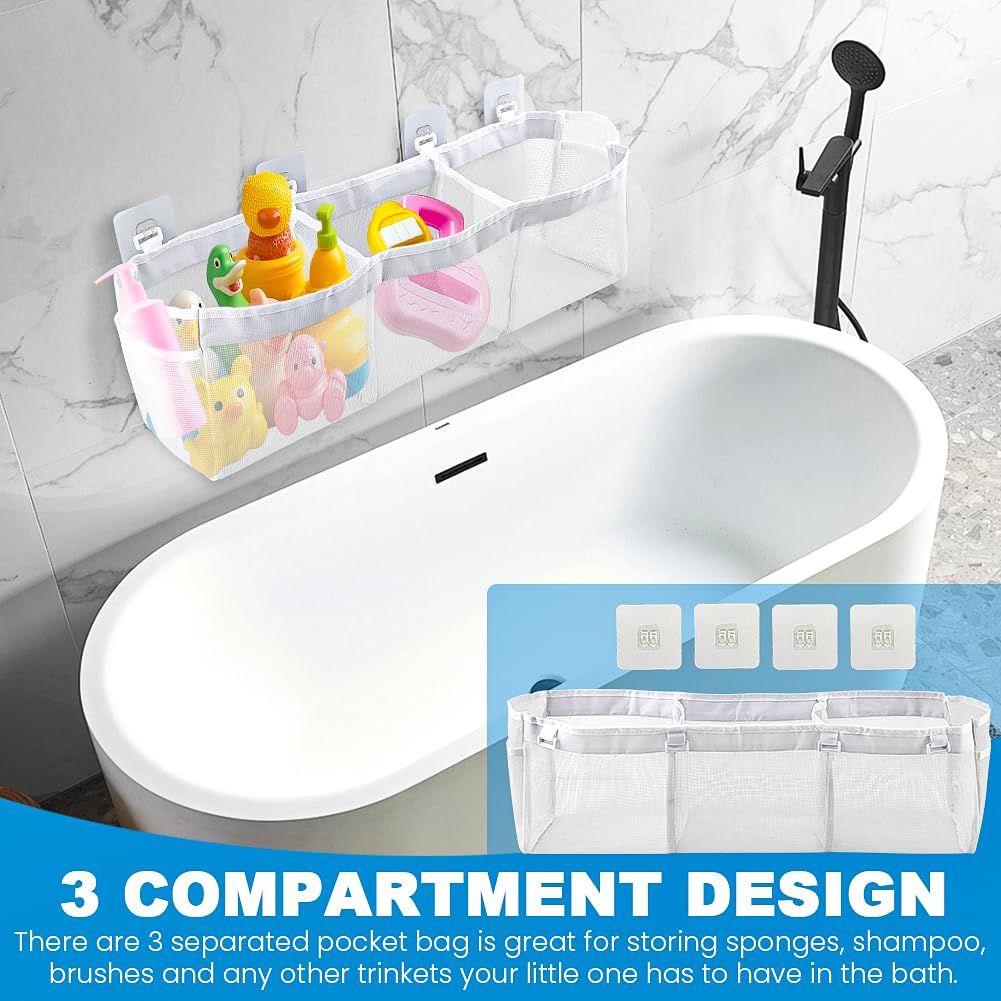 JIANWEI Bath Toy Organizer, 3 Compartment Bathtub Toy Storage Bag, Quick Access Bath Toy Holder with 4 Hooks, Mesh Shower Caddy Practical Supplies