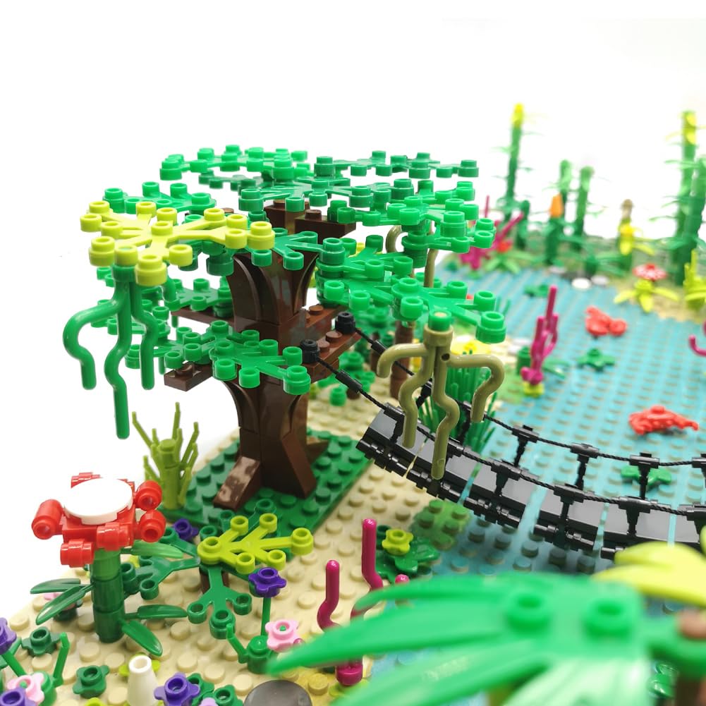 ZHX Rainforest Jungle Bridge Building Block Toys with 2pcs Baseplates(10x10 inches Each) Garden Bricks Accessories Bush Flowers Animals Coconut Trees