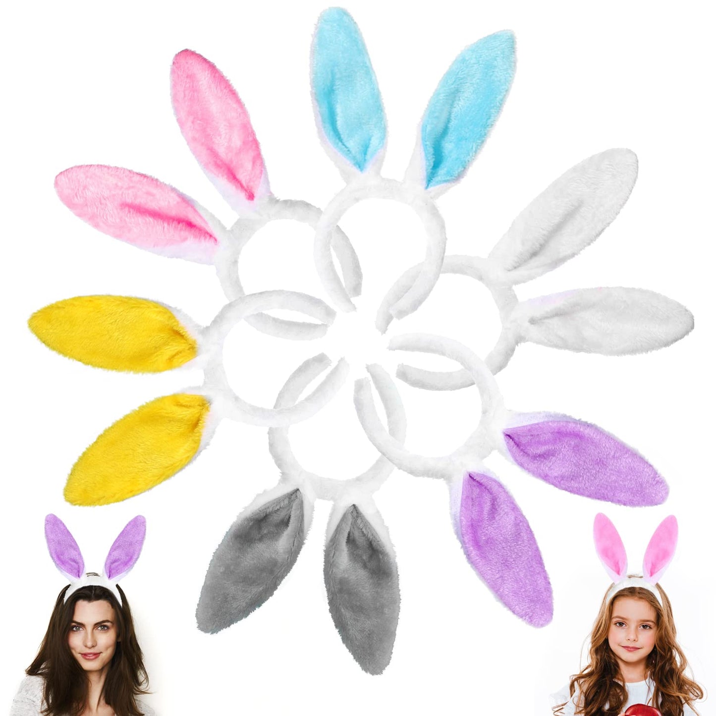YUJUN 6PCS Plush Bunny Ears Headband, Easter Multi-Color Cute Rabbits Ears Hairbands for Easter Kids Game and Easter Party Favors