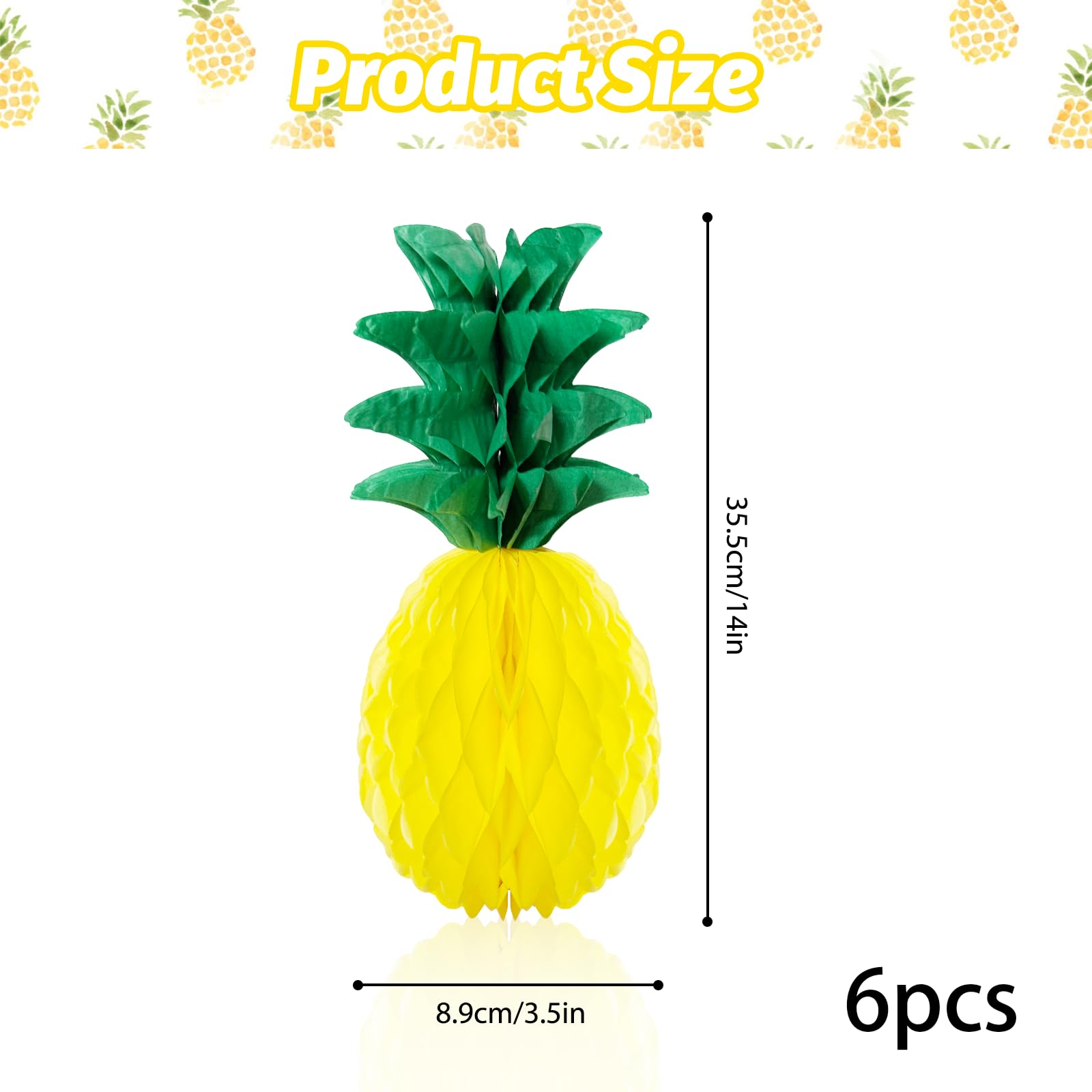 6 Pack 14 Inch Pineapple Honeycomb Decorations, Standing Tissue Paper Centerpieces, 3D Tropical Fruit Ornaments for Hawaiian Luau, Summer Pool, Beach