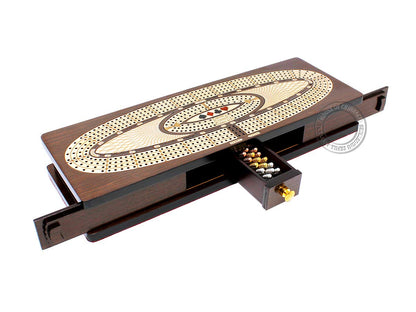 House of Cribbage - Continuous Cribbage Board/Box Inlaid in Wenge Wood/Maple : 4 Track - Sliding Lids, Drawer & Metal Pegs with Score Marking Fields