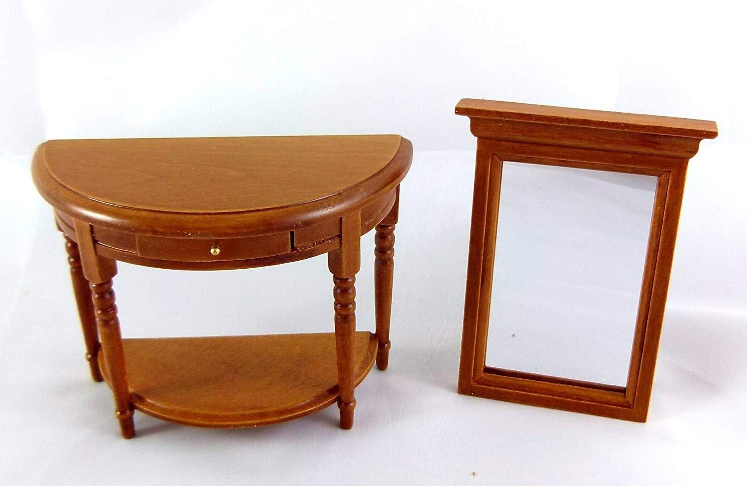 Melody Jane Dolls Houses' Dollhouse Half Moon Walnut Wood Demi Table & Mirror Miniature Hall Furniture