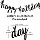 Black Happy Birthday Banner Decoration Kit, Glittery Banner Circle Dots Garland with Black Silver Hanging Swirls for Birthday Baby Shower Party