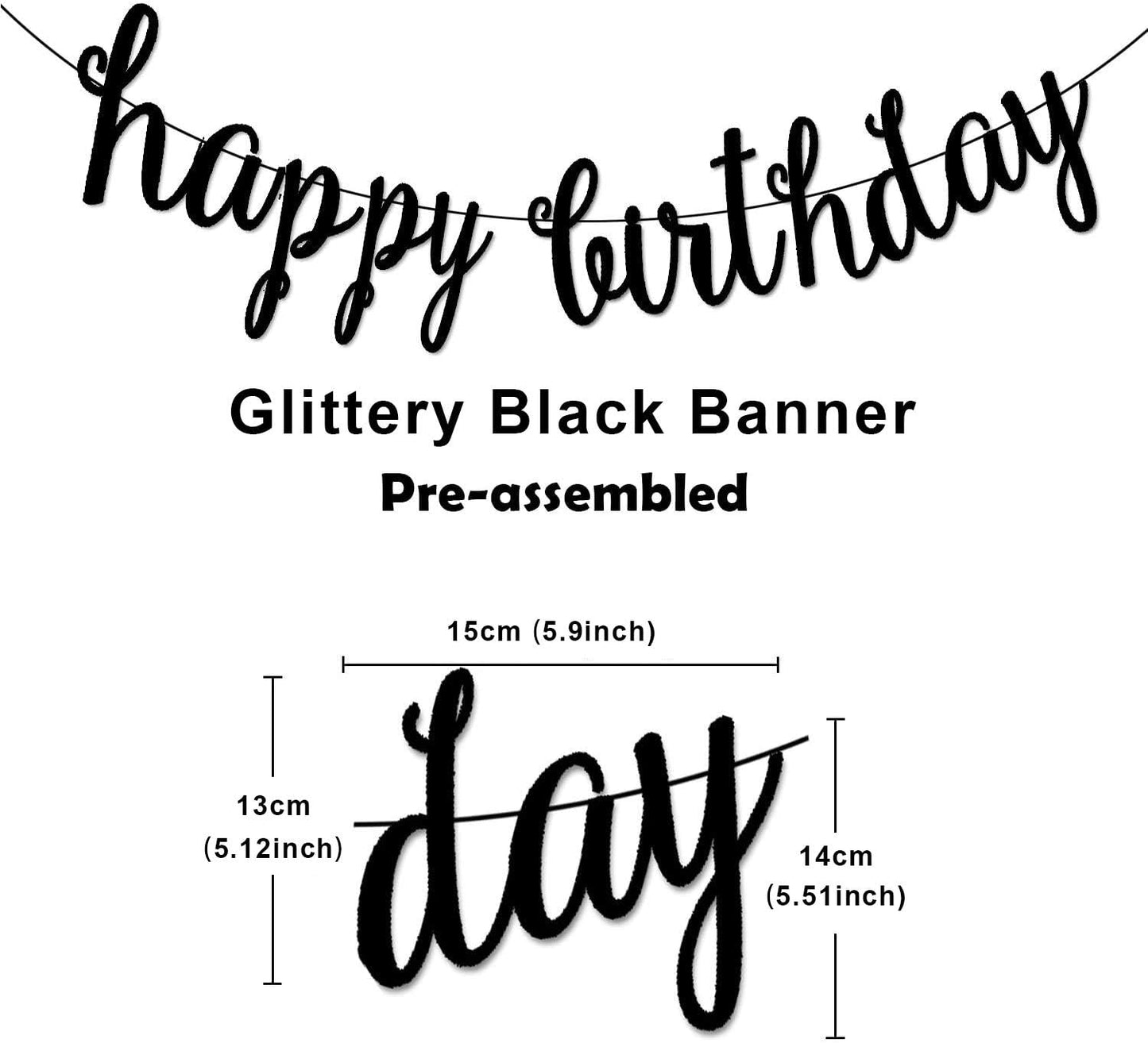 Black Happy Birthday Banner Decoration Kit, Glittery Banner Circle Dots Garland with Black Silver Hanging Swirls for Birthday Baby Shower Party