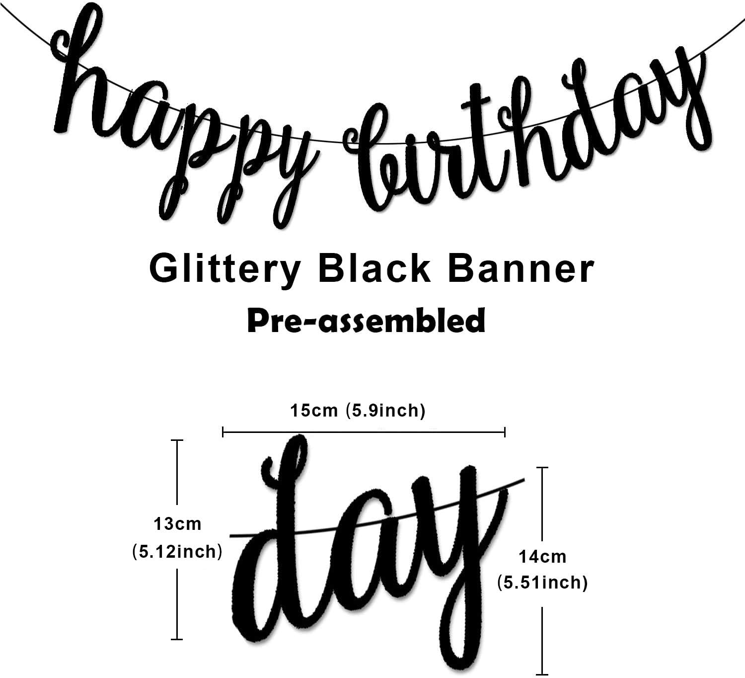 Black Happy Birthday Banner Decoration Kit, Glittery Banner Circle Dots Garland with Black Silver Hanging Swirls for Birthday Baby Shower Party