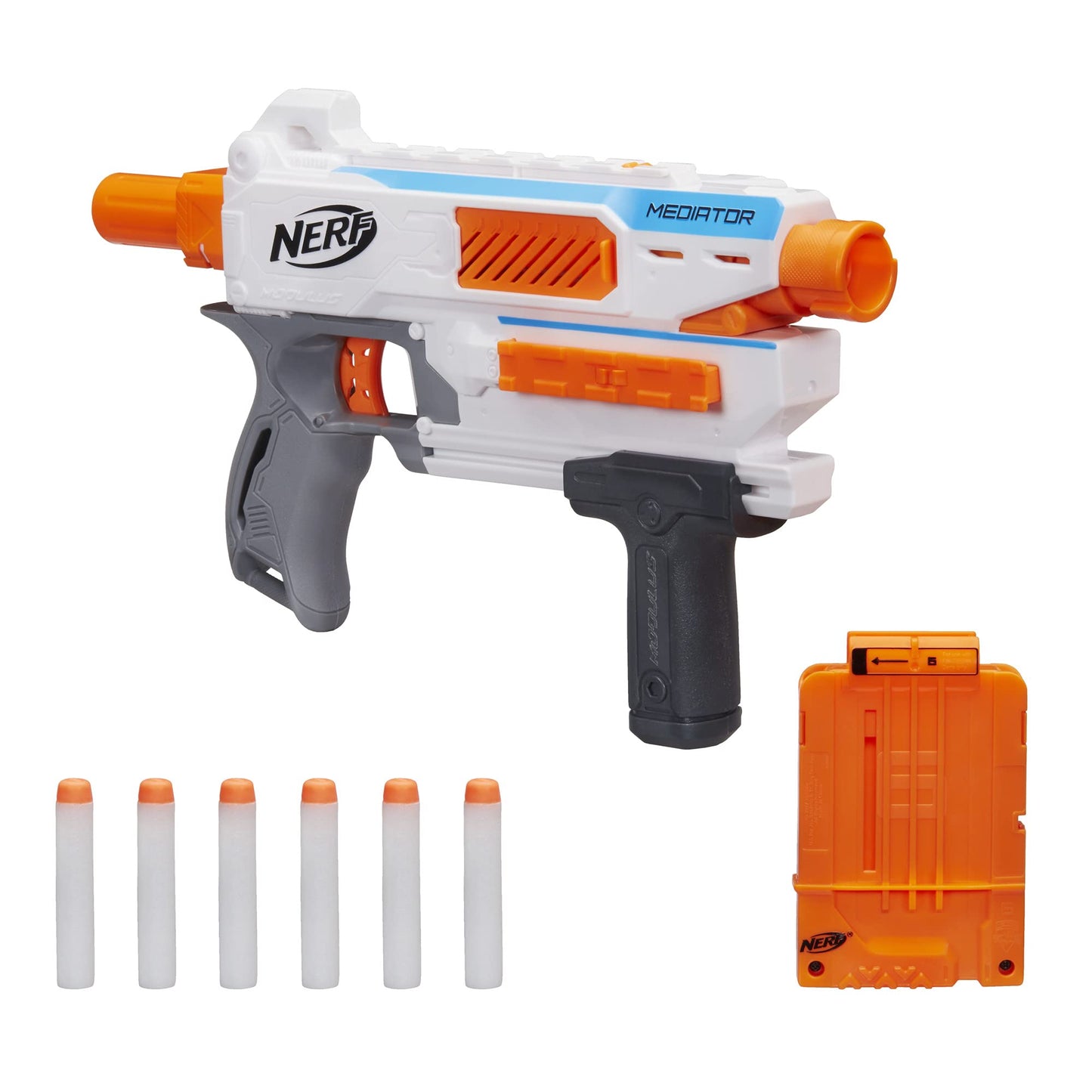NERF Modulus Mediator Blaster - Fires 6 Darts in a Row, Pump Action, Slam Fire, Includes 6-Dart Clip and 6 Official Nerf Elite Darts (Amazon