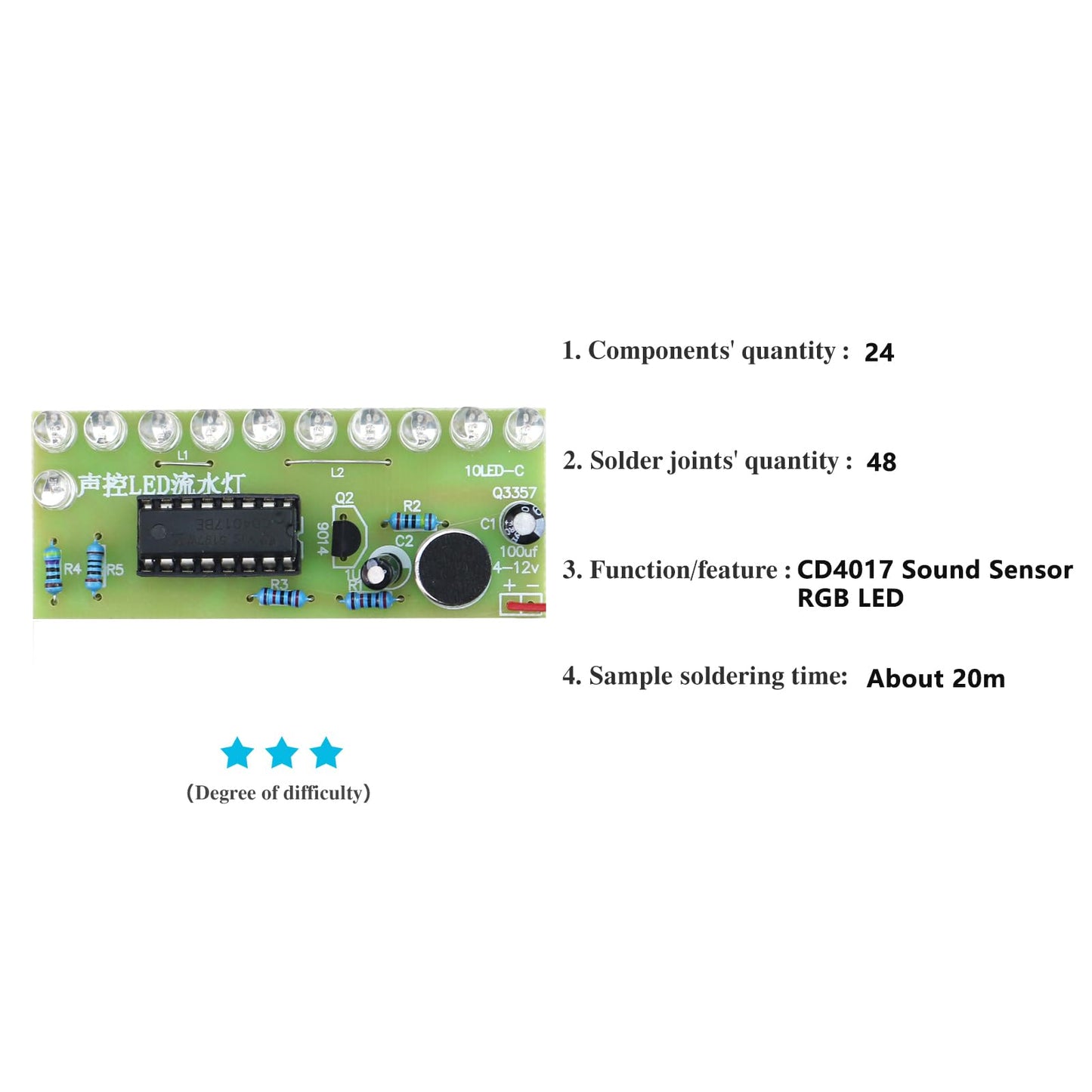 YIDAB Soldering Practice Kit Sound-Activated LED Chaser Kit - DIY Soldering Project with 10 LEDs & Microphone Sensor (12V DC) for Electronics