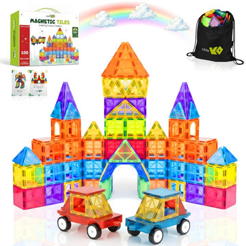 Little Vo Magnetic Tiles 100 pcs with 2 Cars, STEM Building Blocks for Kids, Educational Gift, Magnet Construction Toys for Toddlers, School Teacher