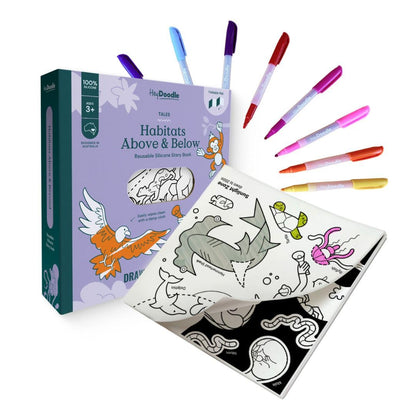HeyDoodle Tales Foldout Book - Reusable Silicone Coloring Books for Kids Ages 3-7 with Flip Pages & Educational Themes - Coloring Kit Includes 12