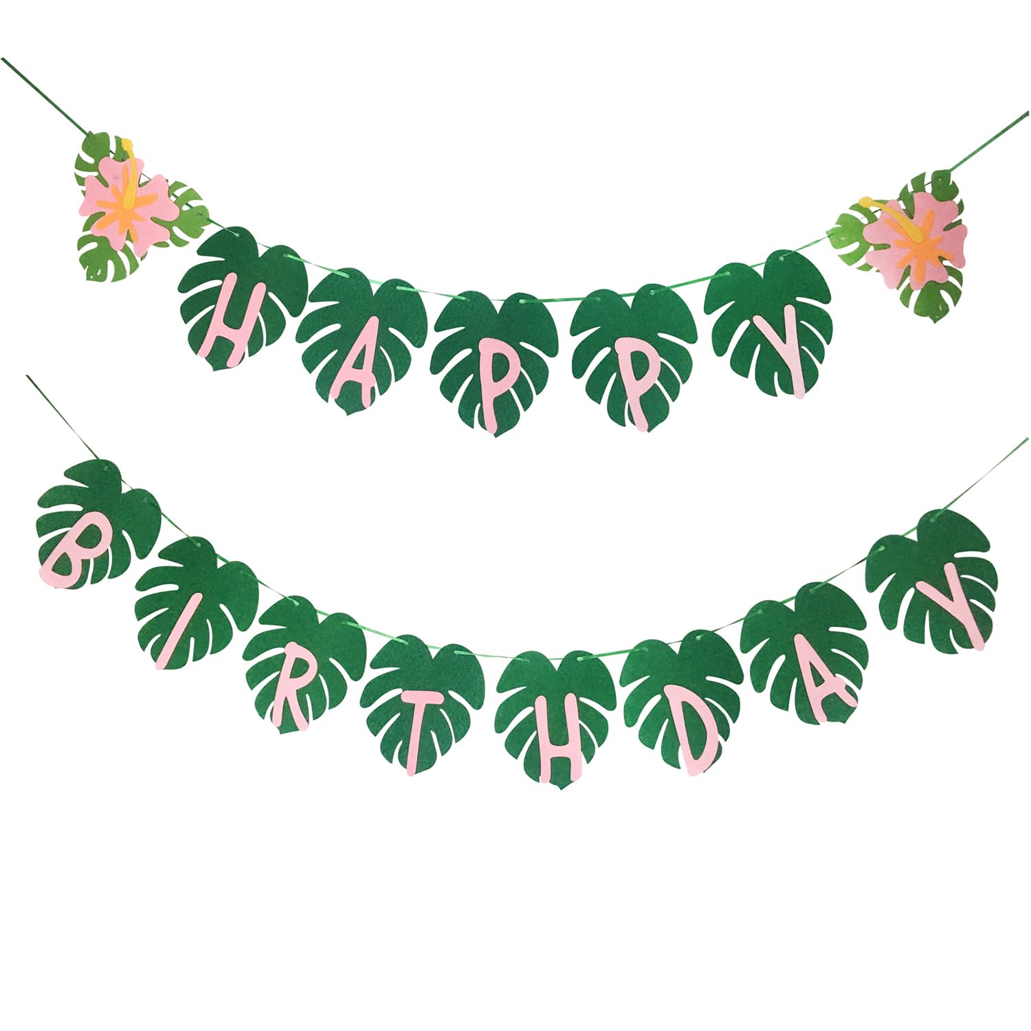 OU RUI Hawaiian Party Happy Birthday Banner for Tropical Luau Party Palm Leaf Decorations