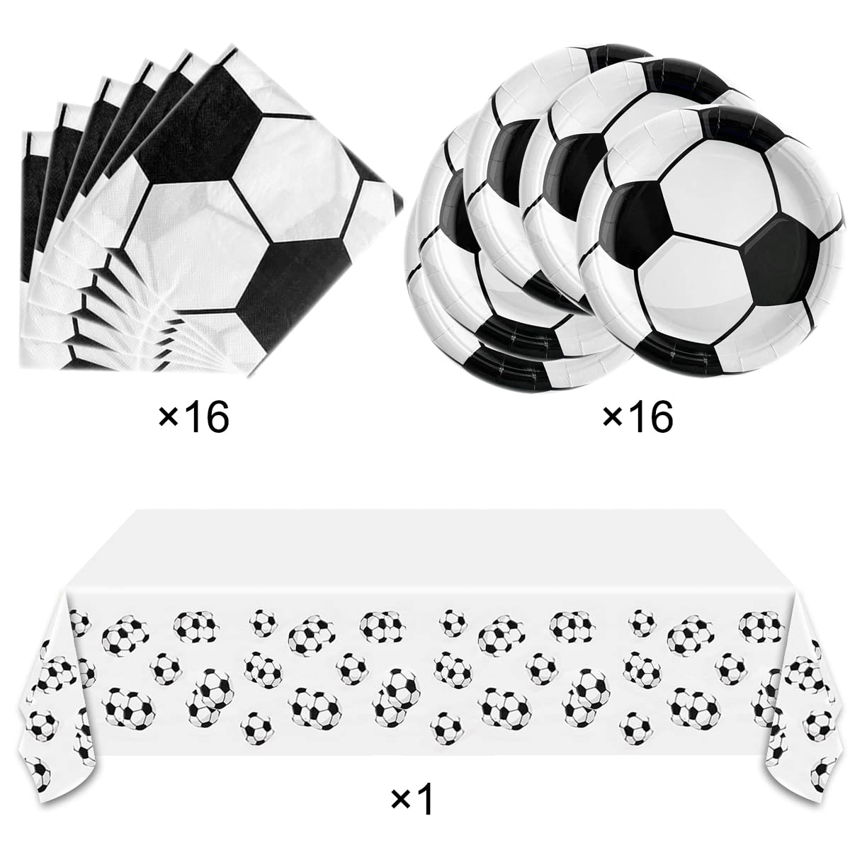 Soccer Party Tableware ,16 Plates and 16 Napkins and Tablecloth 71 '' x 42 ''Soccer Sports Themed Birthday Decorate Supplies