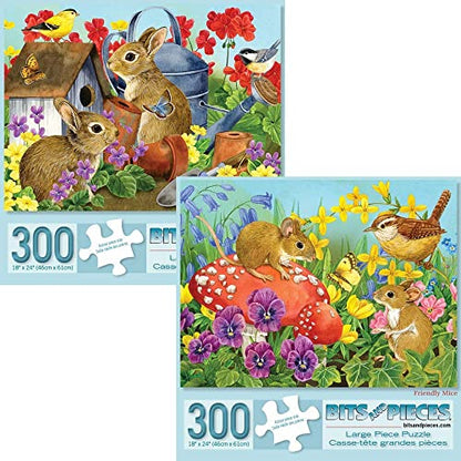 Bits and Pieces - Value Set of Two Large 300 Piece Jigsaw Puzzles for Adults - ‘Bunnies’ & ‘Mice’ Jigsaw Puzzles by Artist Jane Maday, Completed