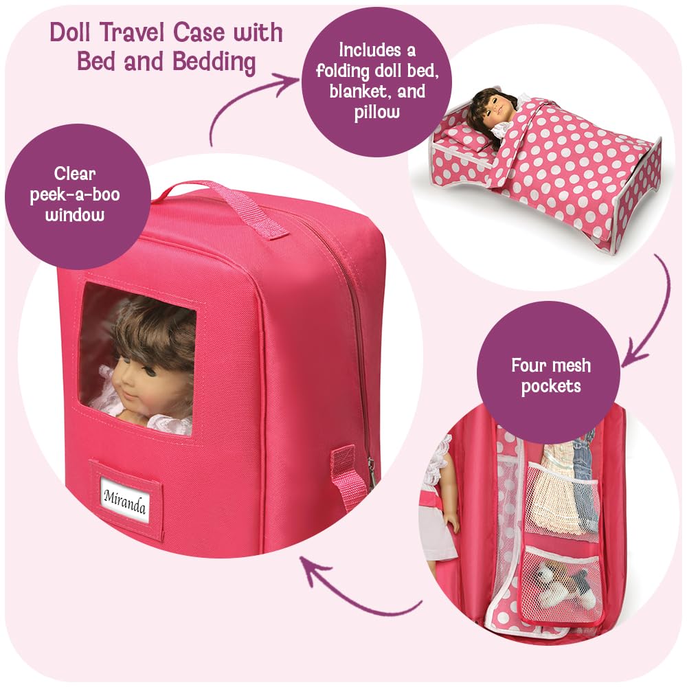 Badger Basket Doll Travel Case with Bed, Blanket, Pillow, Mesh Storage & Peek-a-Boo Window - Fits Girl Dolls - Portable Luggage Carrier with Straps