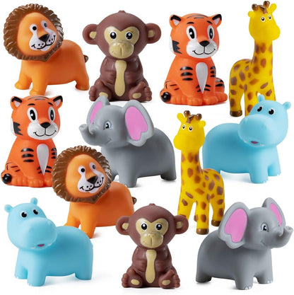 Mini Zoo Animals Bath Toys - (Pack of 12) Vinyl Rubber Jungle Safari Animal Figures, Squeezable Bath Tub Toys for Kids, Baby Shower, Birthday Party