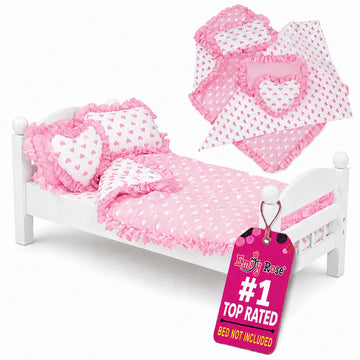 Emily Rose 18" Doll Pink Heart Valentines Bedding Set - 5 Pc Doll Bed Bedding & Bedroom Accessories with Comforter, Pillows & Matress Covering Flat