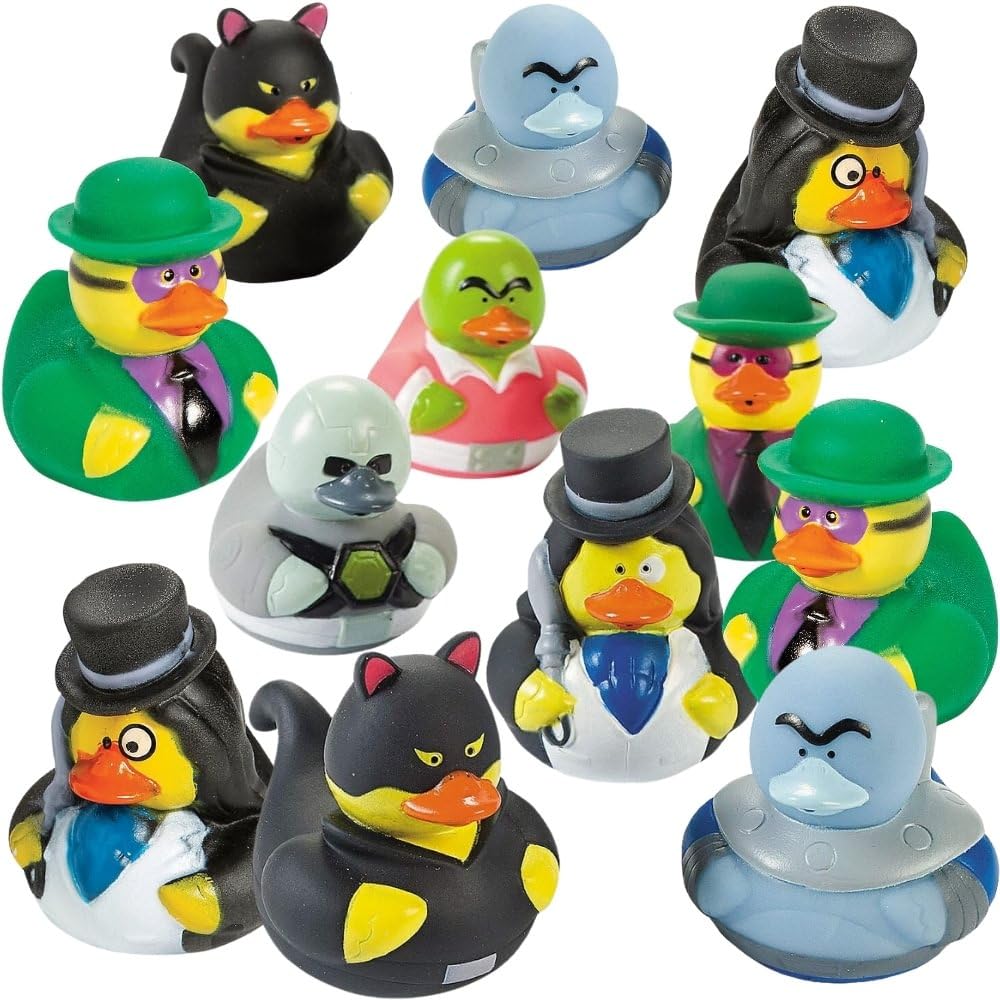 Fun Express Super Hero Villain Rubber Duckies - Birthday Party Toys, Favors and Supplies (Set of 12)