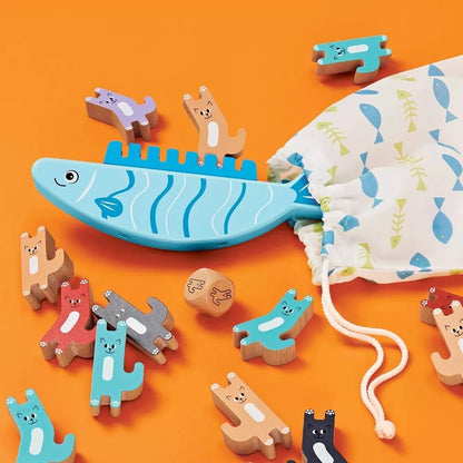 Gigglescape Wooden Balance The Cat Game - 23-Piece Stacking Toy with Fish Base, Colorful Cats, Wooden Die & Storage Bag - Fine Motor Skill Builder