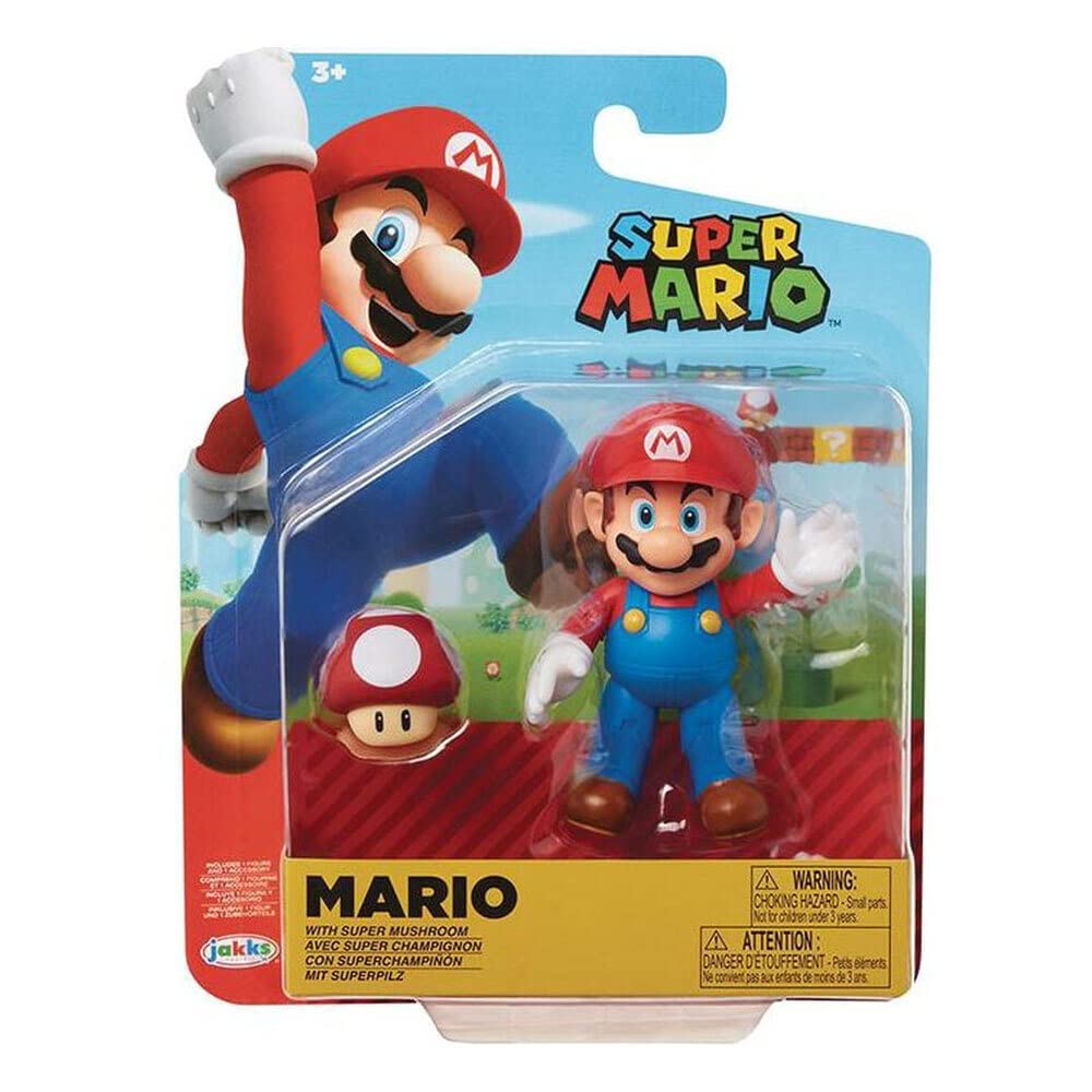 Jakks Pacific Super Mario 4" Articulated Mario Action Figure with Super Mushroom