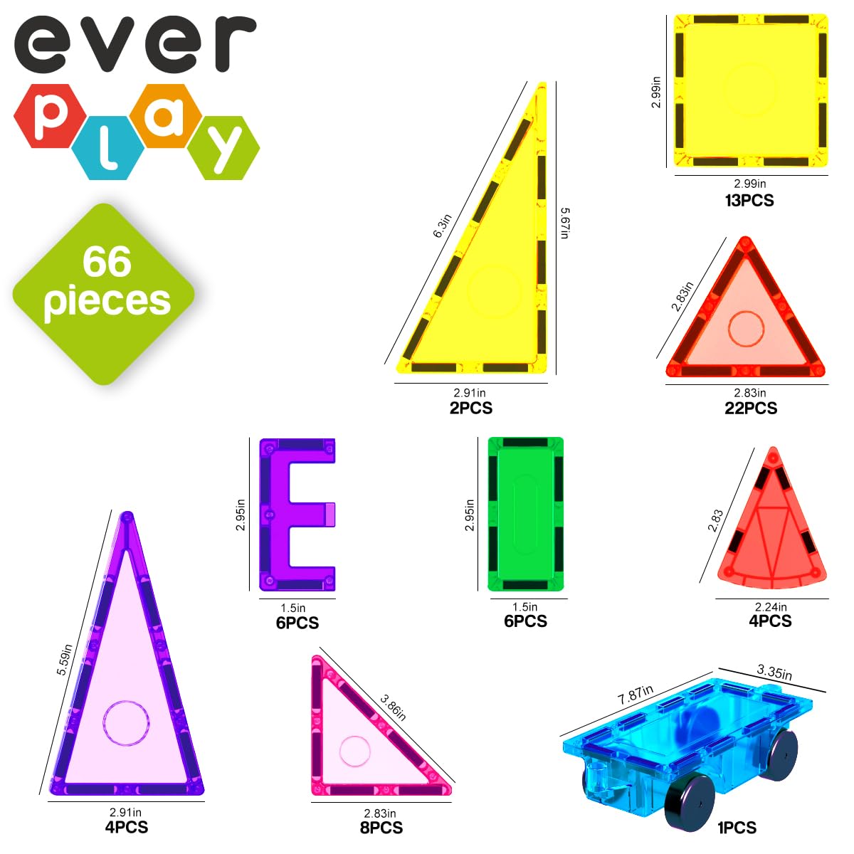 Everplay 66 pc Magnetic Tiles with Multicolored Car Set, Building Blocks Toys, STEM Educational Learning Magnet Toy Preschool Montessori Boys & Girls