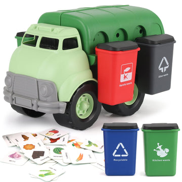 Liberty Imports Big Plastic Garbage Truck Toy, Waste Management Recycling Green Dump Vehicle with 4 Trash Cans and Recycle Sorting Cards for Little