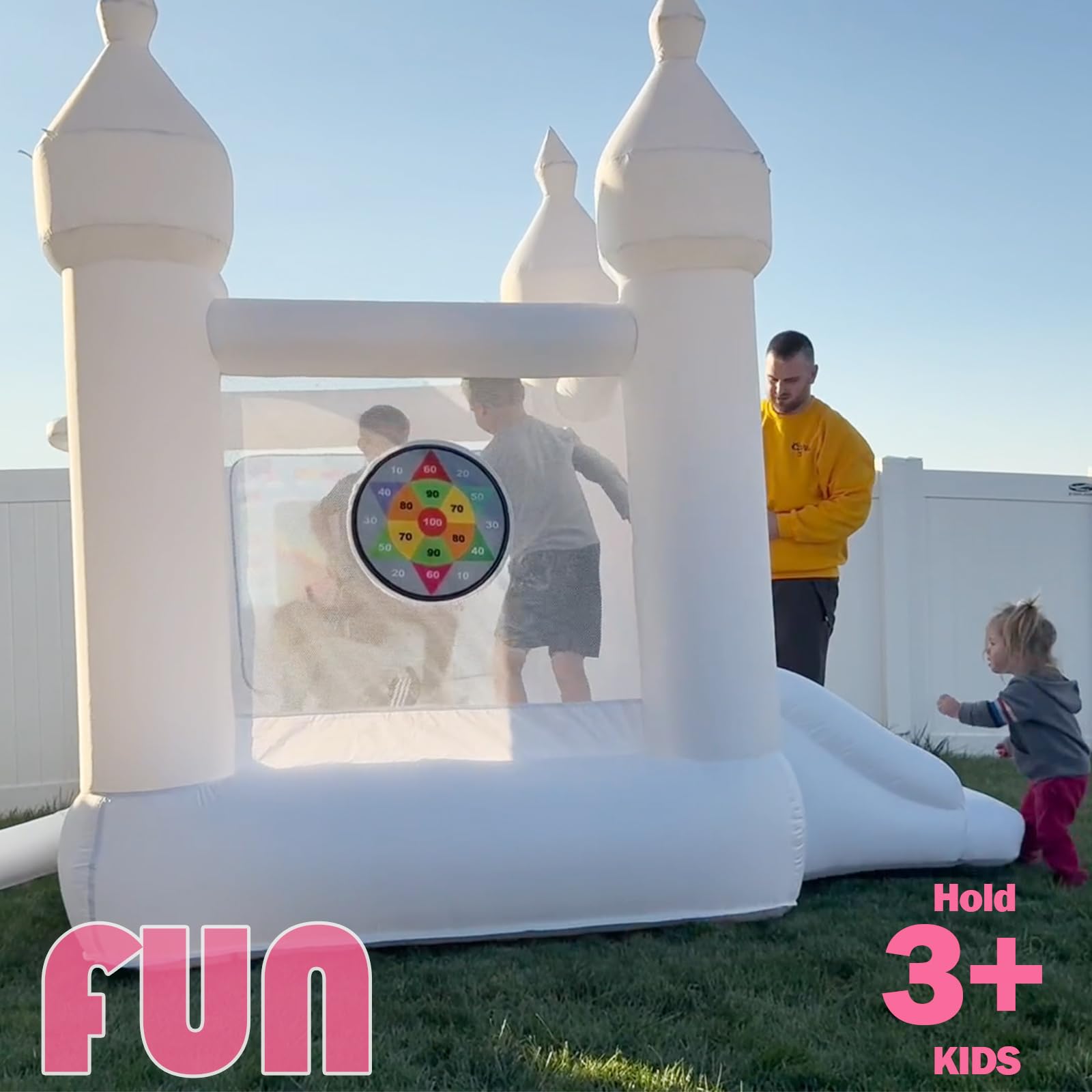 White Inflatable Bounce House for Kids, Blow Up Backyard Bouncy Castle with Slide, Water Doodle Mat, Basketball Hoop, Target & Balloons (White Bounce