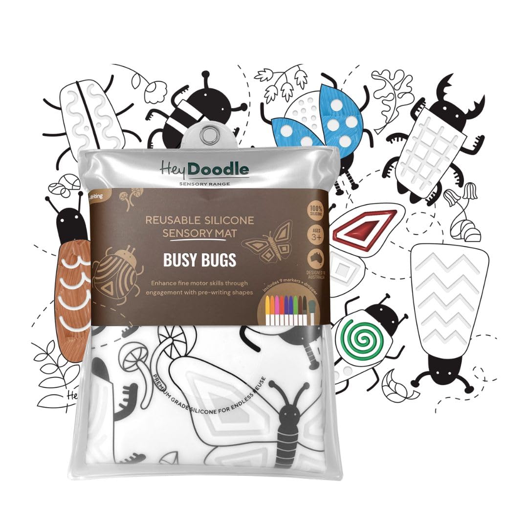 HeyDoodle Busy Bug Sensory Mat - Perfect for Kids with Educational Themes & Debossed Areas - Doodle Pad Set Includes 9 Markers and a Water Dropper