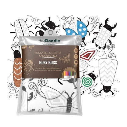 HeyDoodle Busy Bug Sensory Mat - Perfect for Kids with Educational Themes & Debossed Areas - Doodle Pad Set Includes 9 Markers and a Water Dropper