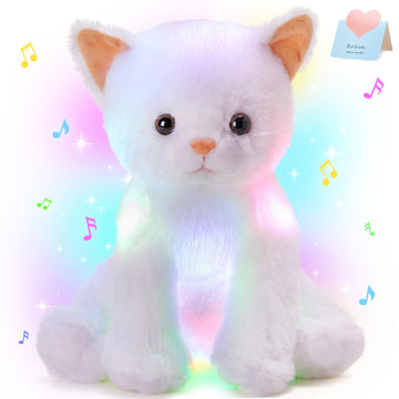 Houwsbaby 12'' White Musical Light Up Cat Stuffed Animal Kitty Plush Toy Singing LED Glowing Cat Plush Toy Christmas Festival Birthday Presents