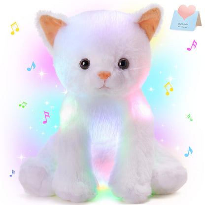 Houwsbaby 12'' White Musical Light Up Cat Stuffed Animal Kitty Plush Toy Singing LED Glowing Cat Plush Toy Christmas Festival Birthday Presents