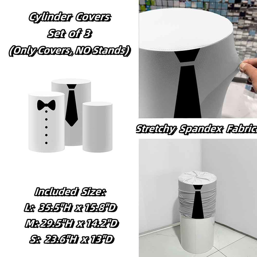 ittsmnt Cylinder Covers Set of 3 Pieces Black Stripes Bow Tie Pedestal Plinth Stand Covers Boys Baby Shower Birthday Party Tablecloth Decorations (Set