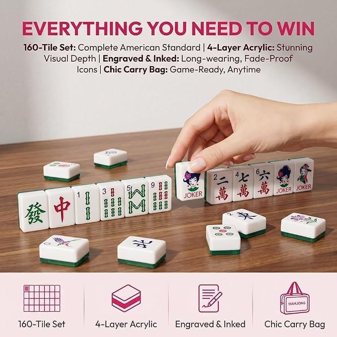 BTUASSDY Premium 4 Layer Mahjong Tiles, 160 Acrylic American Mahjong Set with Blank Mahjong Tiles, Portable Travel Mahjong Set with Exquisite Carrying