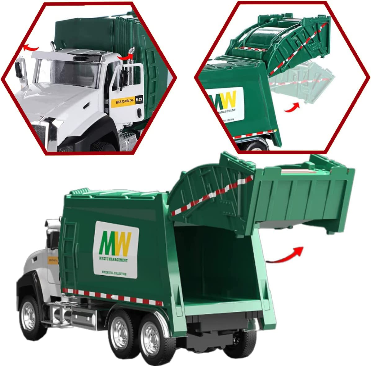 3 Pack City Diecast Semi Trucks Transport Set - Big Toy Garbage Truck, Oil Tanker, & Transport Vehicle Toy with Pull Back Action - 1/50 Scale Metal