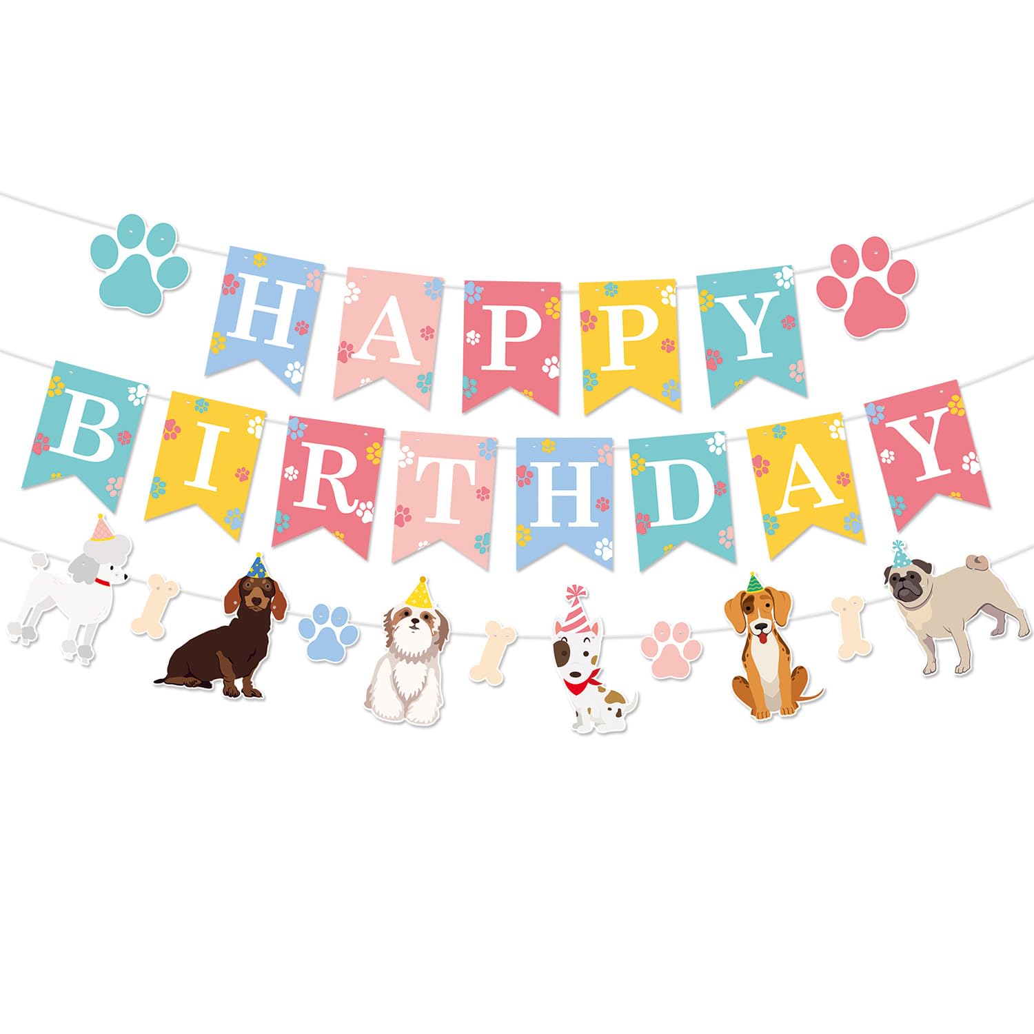 Dog Birthday Decorations Banner, Happy Birthday Puppy Banner with Paw Print, Bone and Dog Cutouts Garland, Pastel Pet Birthday Party Supplies for Boy