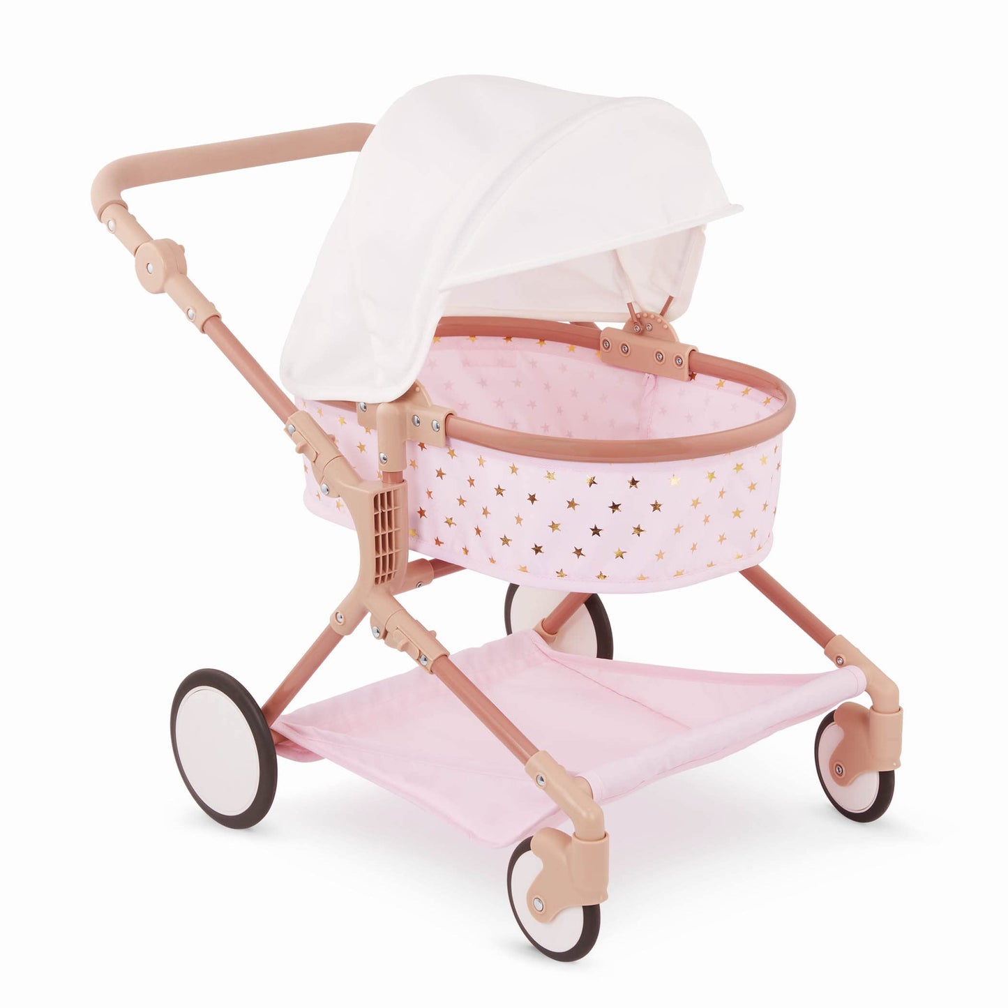 LullaBaby BABI by Battat - Baby Doll Double Stroller Mini Gold Stars - Foldable Canopy, Swivel Wheels, Storage Basket - Pink Carriage Fits Twin