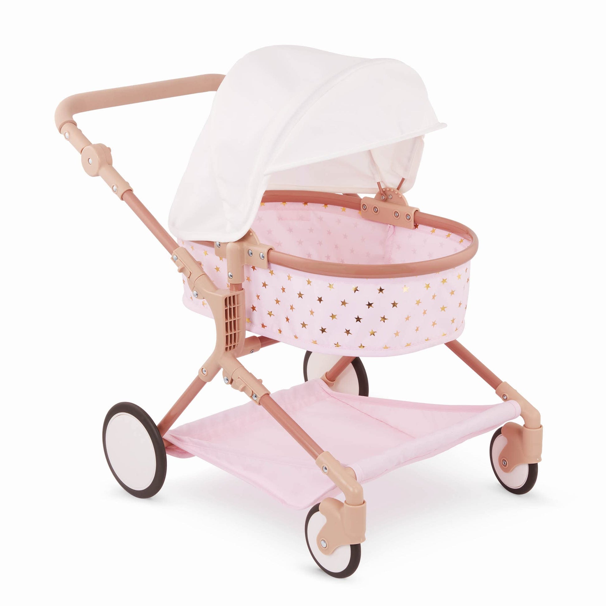 LullaBaby BABI by Battat - Baby Doll Double Stroller Mini Gold Stars - Foldable Canopy, Swivel Wheels, Storage Basket - Pink Carriage Fits Twin