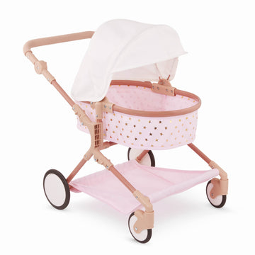 LullaBaby BABI by Battat - Baby Doll Double Stroller Mini Gold Stars - Foldable Canopy, Swivel Wheels, Storage Basket - Pink Carriage Fits Twin