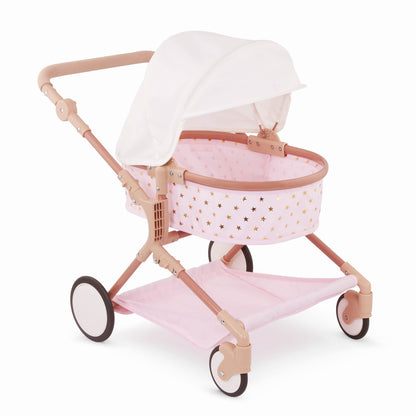 LullaBaby BABI by Battat - Baby Doll Double Stroller Mini Gold Stars - Foldable Canopy, Swivel Wheels, Storage Basket - Pink Carriage Fits Twin