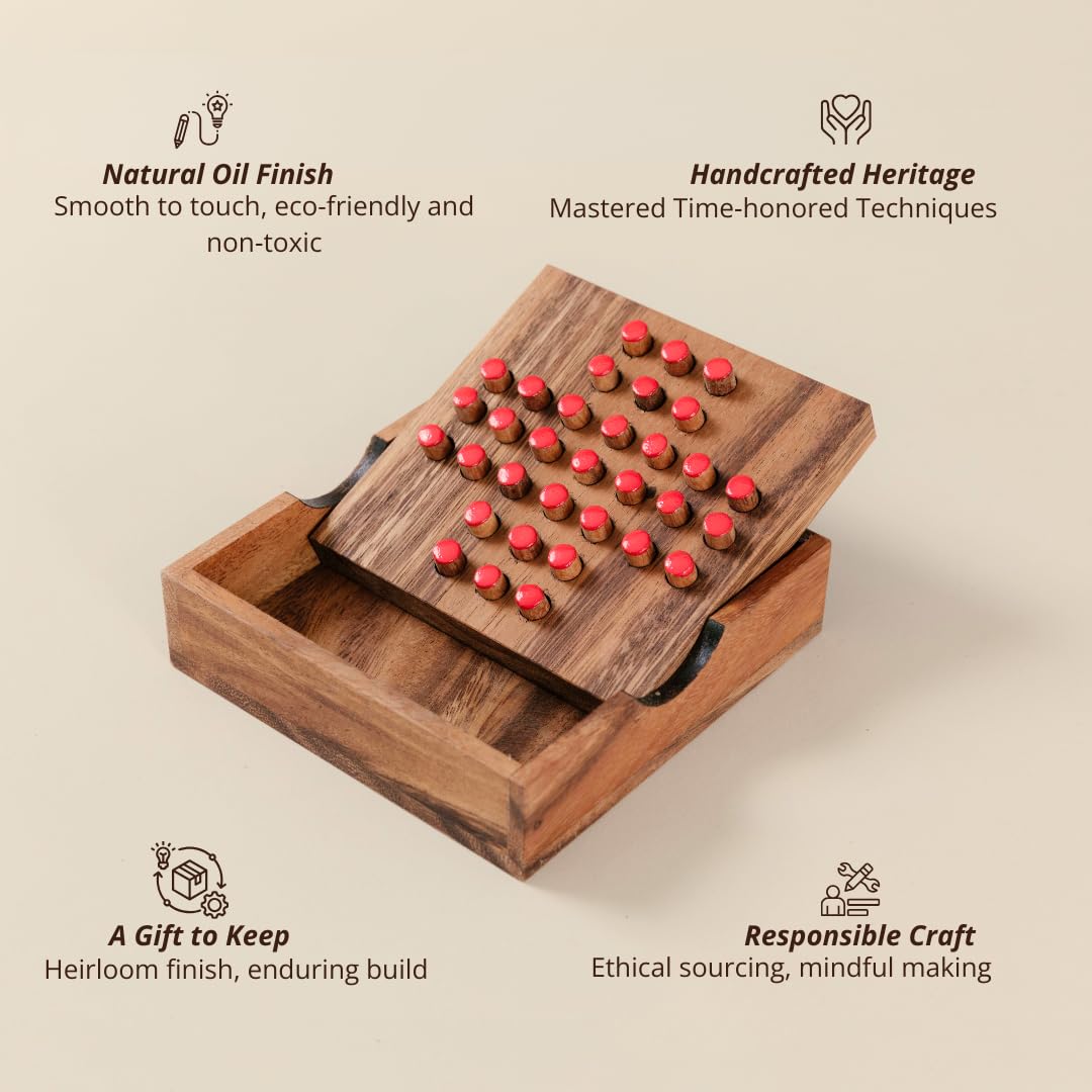 Wood Solitaire Game Classic Peg Solitaire Board Premium Wooden Design Single Player Brain Teaser Strategy Puzzle for Brain Training Tabletop Indoor