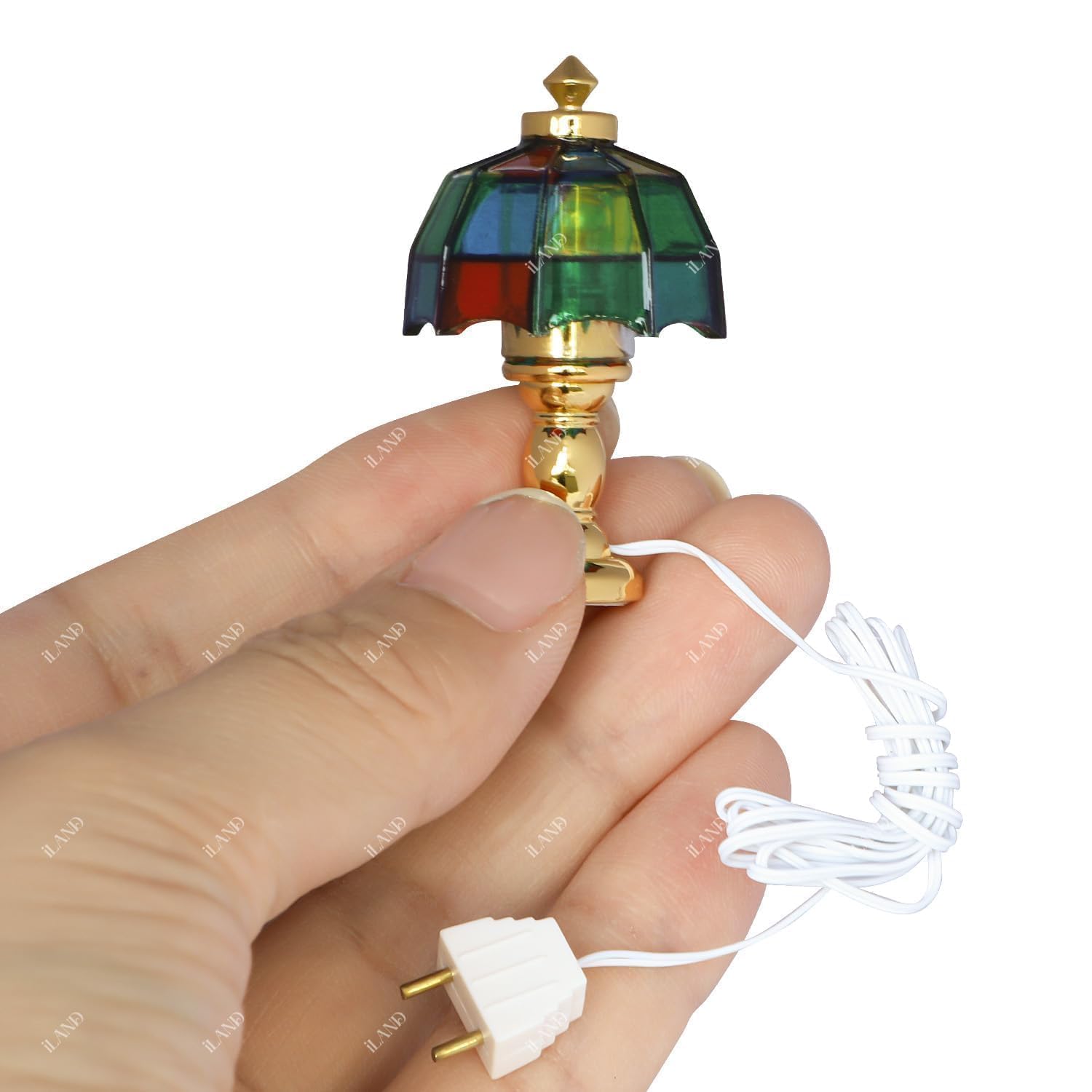 iLAND Dollhouse Accessories of Dollhouse Lights Mosaic Lattice Table Lamp Gold Base W/Plug, Stained Glass Lamp Mini House Lighting Fits 1/12 Scale