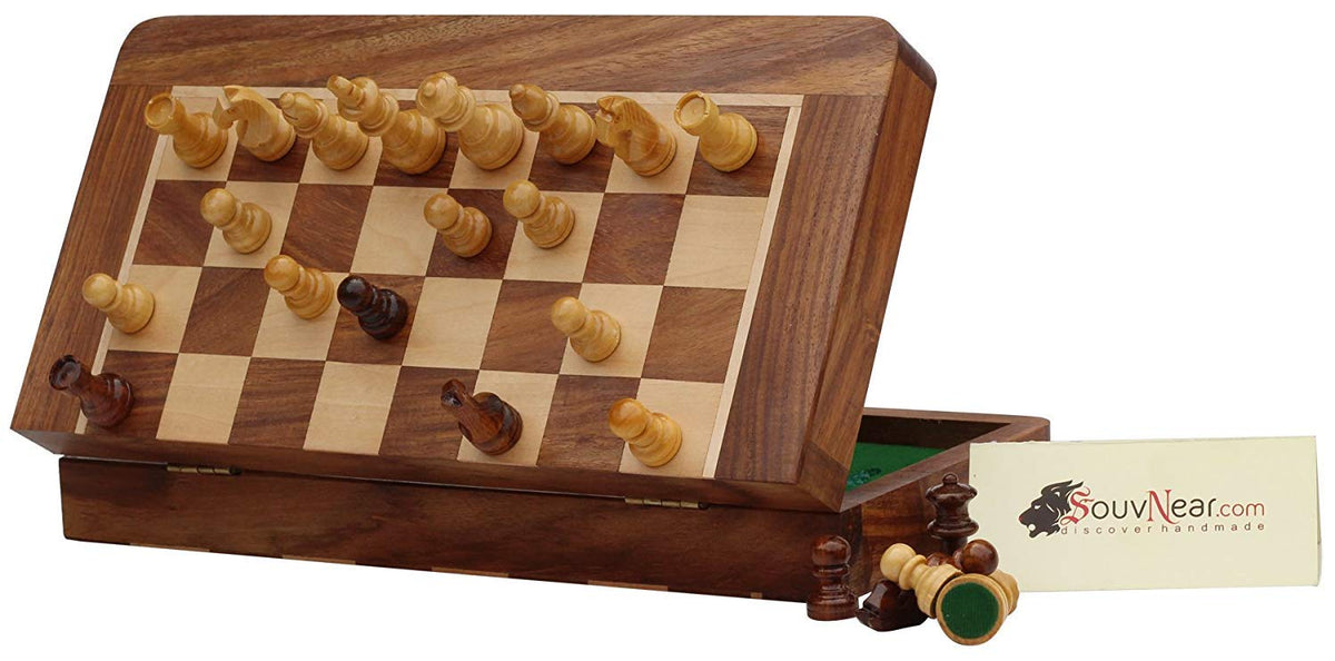 Magnetic Chess Set - 10" Folding Board - Premium Wood Staunton Chess with Built in Storage