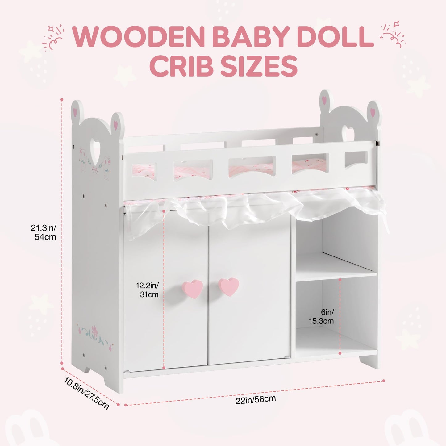 ROBUD Baby Doll Crib, Wooden Doll Bed, Baby Crib Toy with Storage, Bedding, Storage Bag and 3 Hooks, 18-21 inch Doll Accessories, Girl Doll Furniture