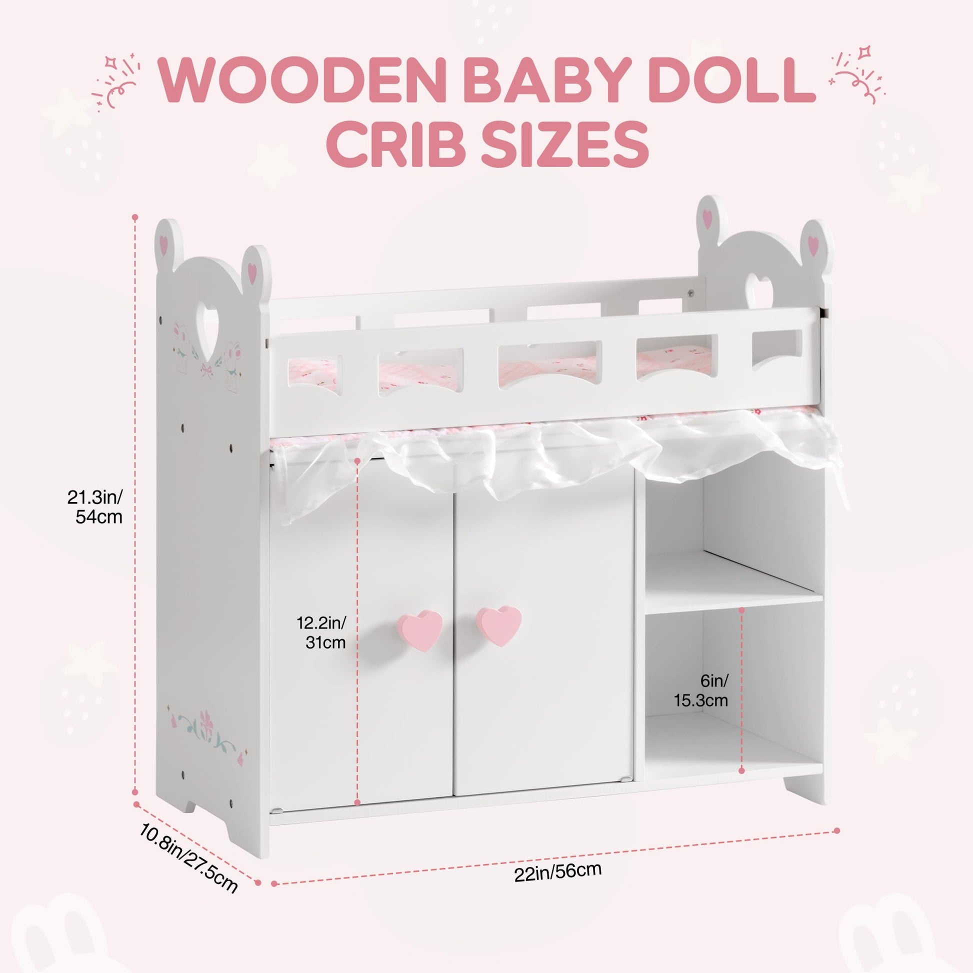 ROBUD Baby Doll Crib, Wooden Doll Bed, Baby Crib Toy with Storage, Bedding, Storage Bag and 3 Hooks, 18-21 inch Doll Accessories, Girl Doll Furniture